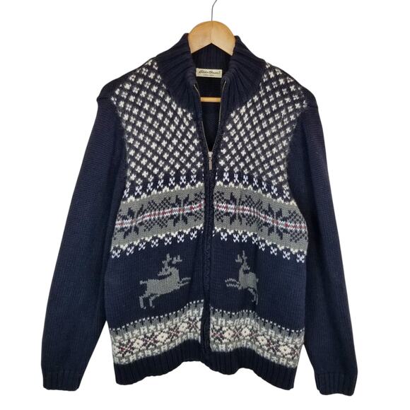 Eddie Bauer Women's Fair Isle Reindeer Zip Front Cardigan Navy Blue Size XL - Picture 1 of 8